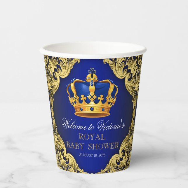 Blue Gold Prince Baby Shower Paper Cups (Front)