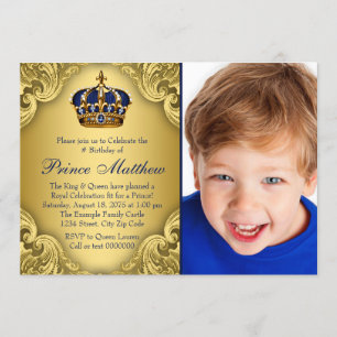 Blue Gold Prince Crown Prince Birthday Party Invitation
