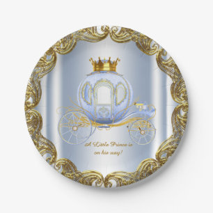 Blue Gold Prince Royal Carriage Prince Baby Shower Paper Plate