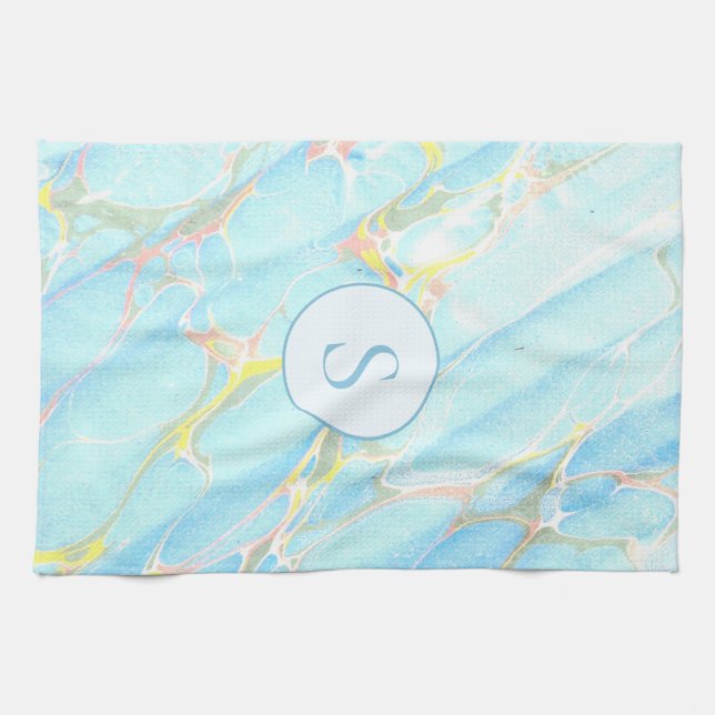 Blue Gold Printed Marble Pattern Custom Monogram Kitchen Towel (Horizontal)