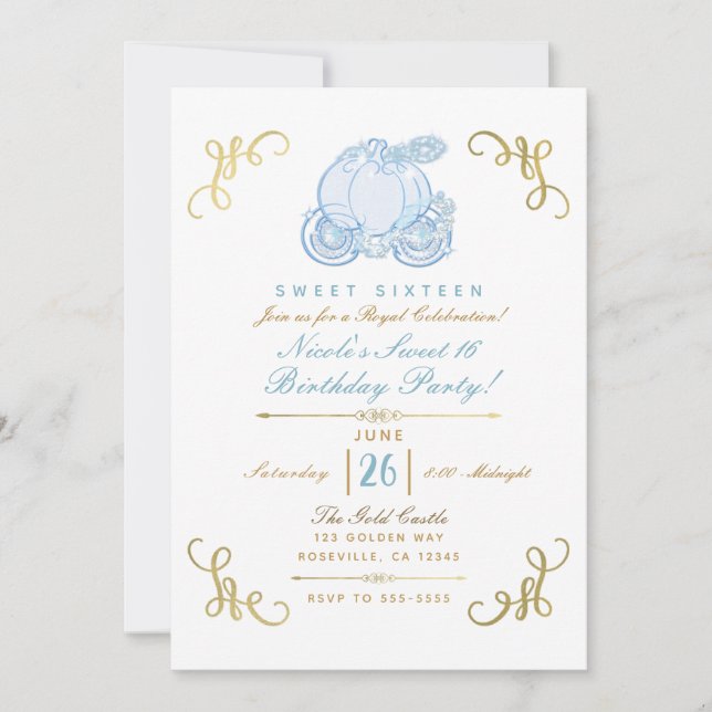 Blue & Gold Pumpkin Carriage Sweet 16 Party Invitation (Front)