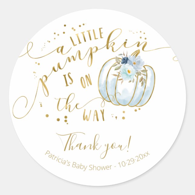 Blue Gold Pumpkin Fall Baby Shower Thank You Classic Round Sticker (Front)