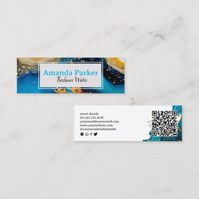 Blue Gold QR Code Social Media Mini Business Card (Front/Back)