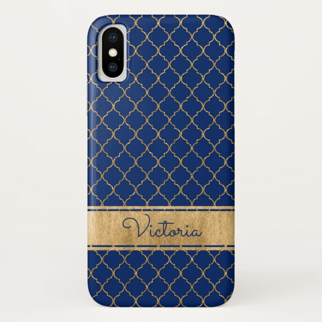 Blue, Gold Quatrefoil Case-Mate iPhone X Case (Back)