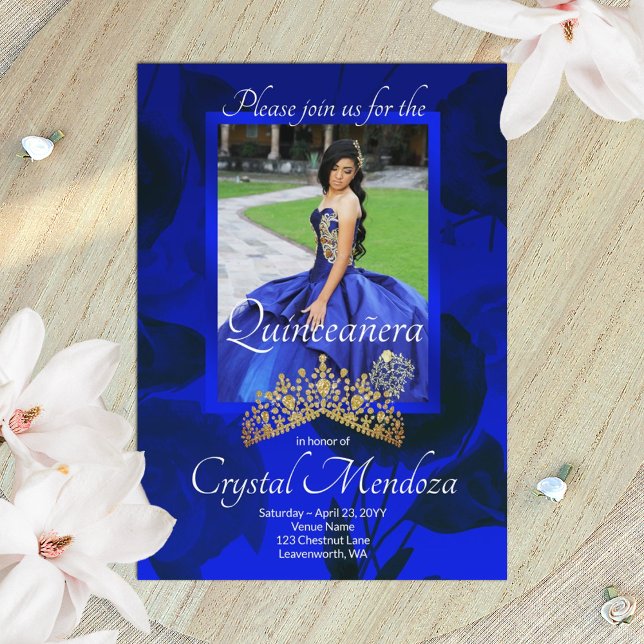 Blue, Gold Quinceanera Rhinestone Tiara Invitation (elegant royal blue roses and gold tiara quinceanera invitation)