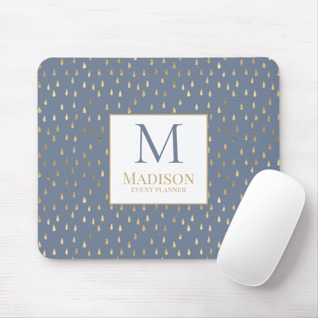 Blue Gold Raindrop Modern Trendy Monogram Mouse Pad (With Mouse)