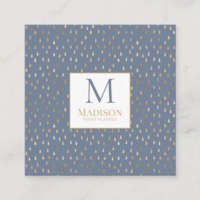 Blue Gold Raindrop Modern Trendy Monogram Square Business Card (Front)