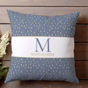 Blue Gold Raindrop Modern Trendy Monogram Throw Pillow