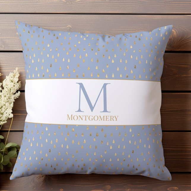 Blue Gold Raindrop Modern Trendy Monogram Throw Pillow (Creator Uploaded)