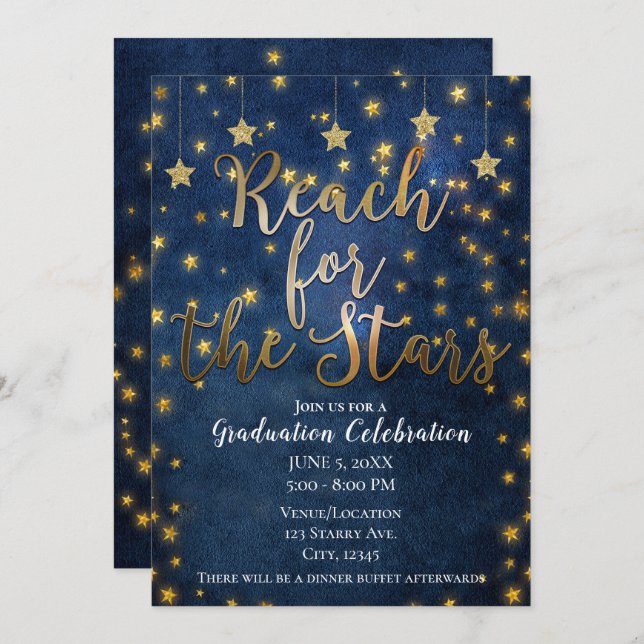 Blue Gold Reach for the Stars Celestial Graduation Invitation (Front/Back)