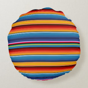 Blue Gold Red Mexican Sarape Round Pillow