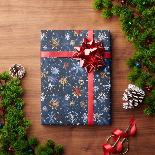 Blue, Gold & Red Snowflake Pattern With Stars Wrapping Paper (Holiday Gift)