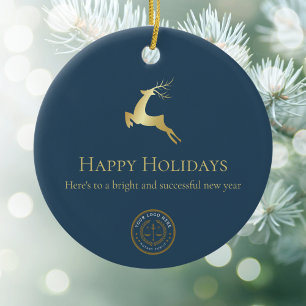 Blue Gold Reindeer Happy Holidays Business Logo Ceramic Ornament