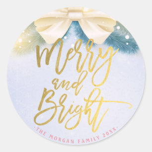 Blue Gold Ribbon Merry and Bright Script Greeting Classic Round Sticker