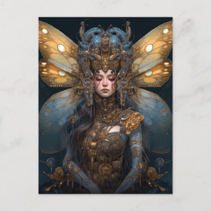 Blue Gold Robot Techno Fairy Fantasy Art Postcard
