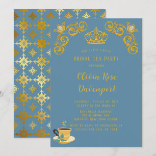 Blue & Gold Royal Crown Damask Bridal Tea Party Invitation