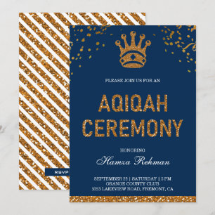 Blue Gold Royal Crown Prince Aqiqah Invitation