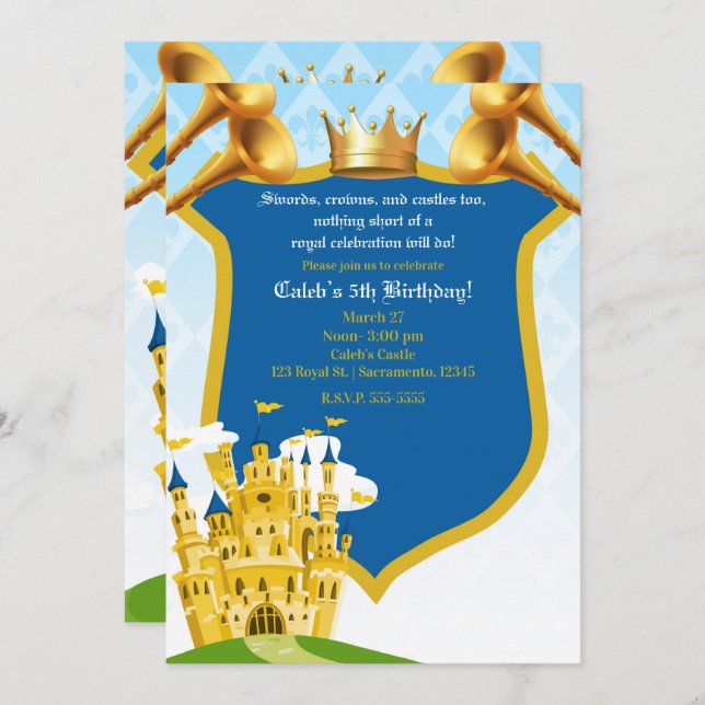 Blue & Gold Royal Prince Castle Birthday Party Invitation (Front/Back)