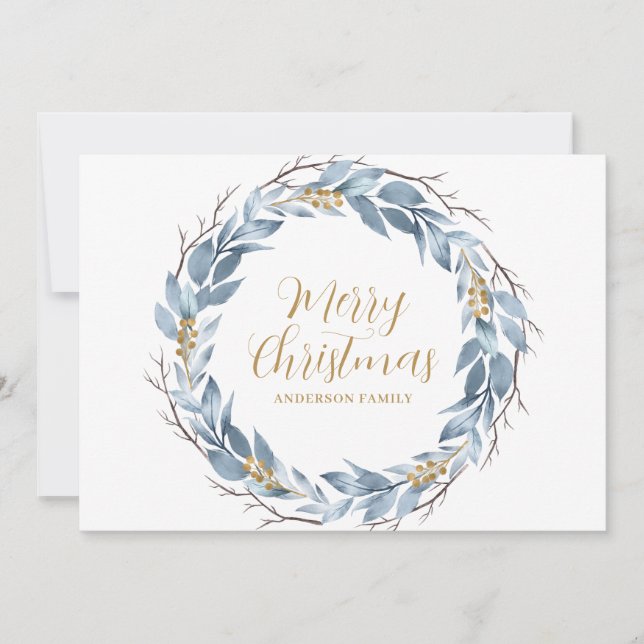 Blue Gold Rustic Personalized Christmas  Holiday Card (Front)