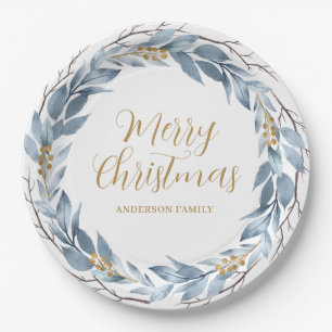 Blue Gold Rustic Personalized Christmas Paper Plate