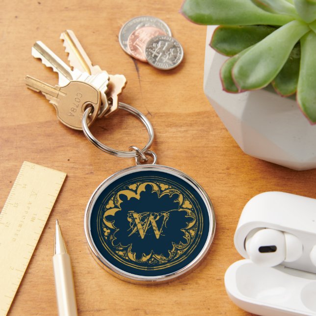 Blue & Gold Rustic Vintage Distressed Monogram Keychain (Desk)