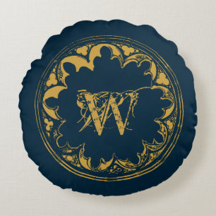 Blue & Gold Rustic Vintage Distressed Monogram Round Pillow