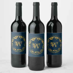 Blue & Gold Rustic Vintage Distressed Monogram Wine Label