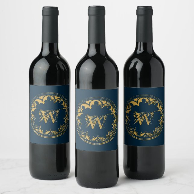Blue & Gold Rustic Vintage Distressed Monogram Wine Label (Bottles)