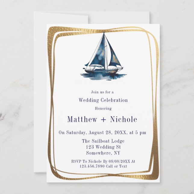 Blue & Gold Sailboat Nautical Wedding Celebration  Invitation (Front)