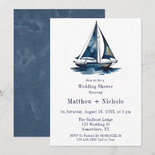 Blue & Gold Sailboat Nautical Wedding Shower Invitation