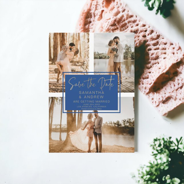 blue  gold save the date 3 photo grid collage (blue gold save the date 3 photo grid collage)