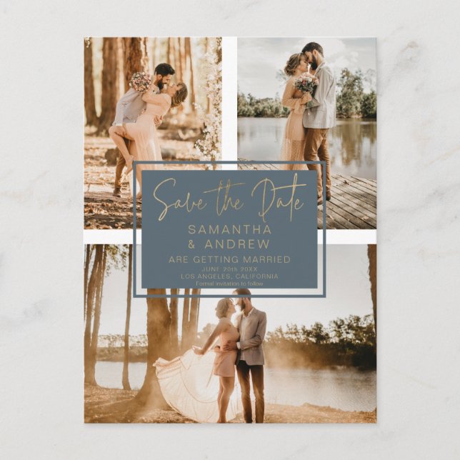 Blue gold save the date 3 photo grid collage postcard (Front)