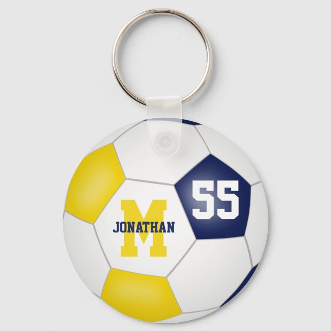 blue gold school colors boys girls soccer ball keychain (Front)