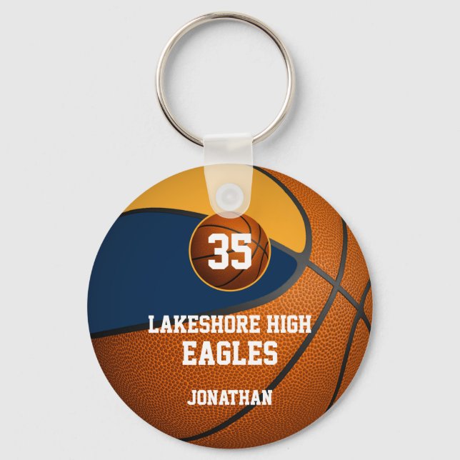 Blue gold school team colours boys' basketball keychain (Front)