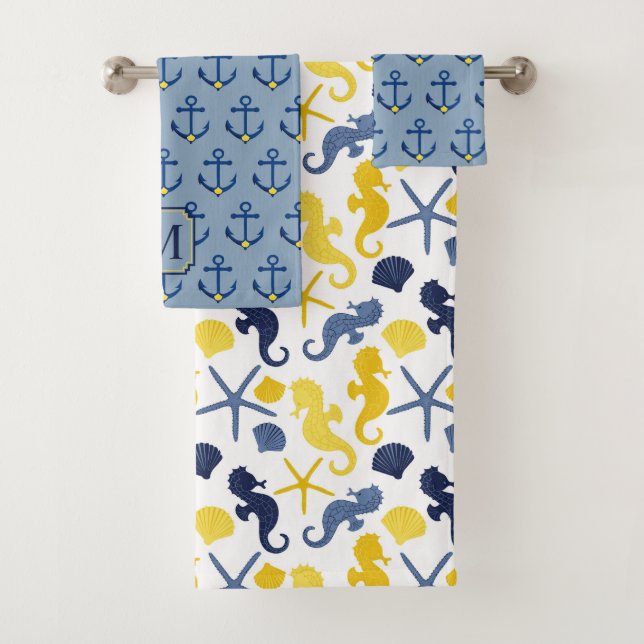 Blue Gold Seahorse Anchor Bath Towel Set (Insitu)