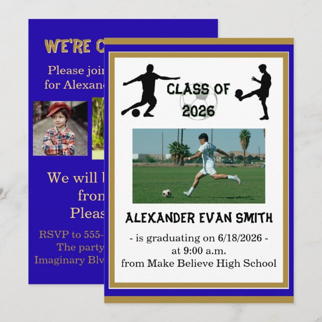 Blue & Gold Senior Class Soccer Graduation Invitation (Front/Back)