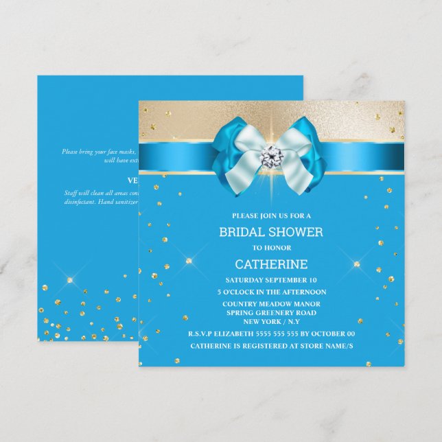 Blue gold shimmer bow sparkle glitter invitation (Front/Back)