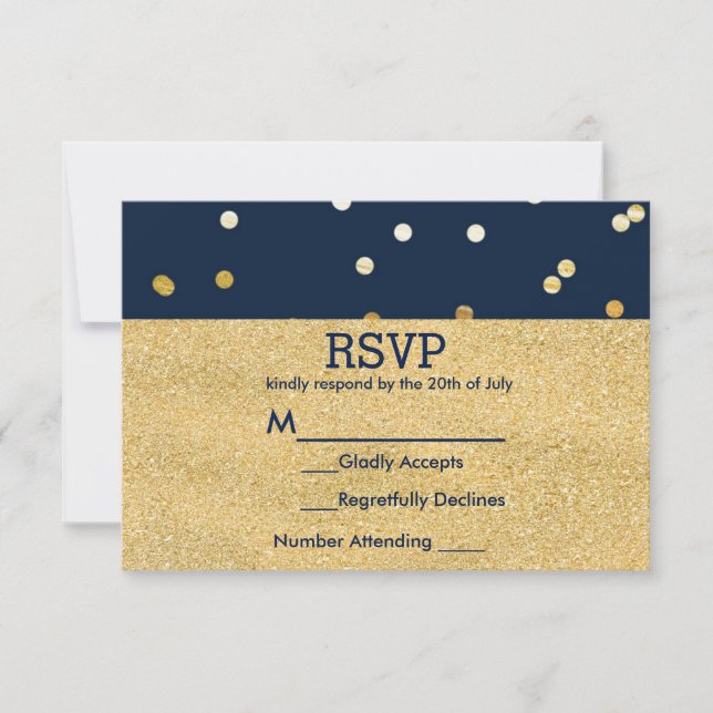 Blue & Gold Shiny Confetti Dots Chic Modern RSVP (Front)