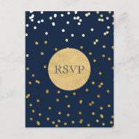 Blue & Gold Shiny Confetti Dots Chic Modern RSVP