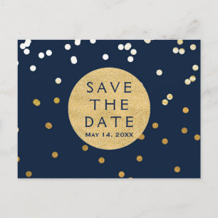 Blue & Gold Shiny Confetti Dots Save The Date Announcement Postcard