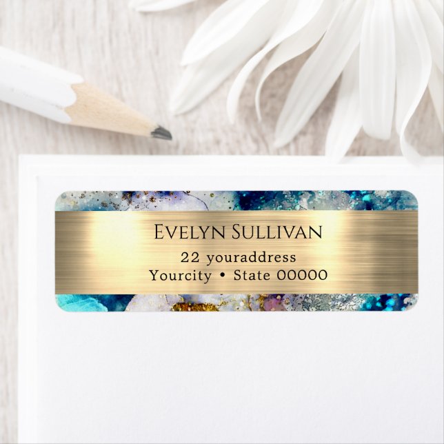 Blue Gold Silver glitter return address label (Insitu)