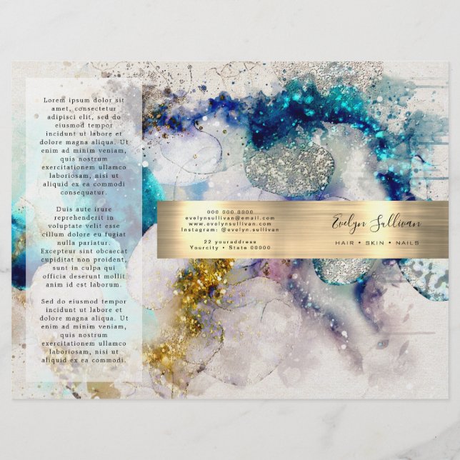 Blue gold silver glitter watercolor brochure (Front)