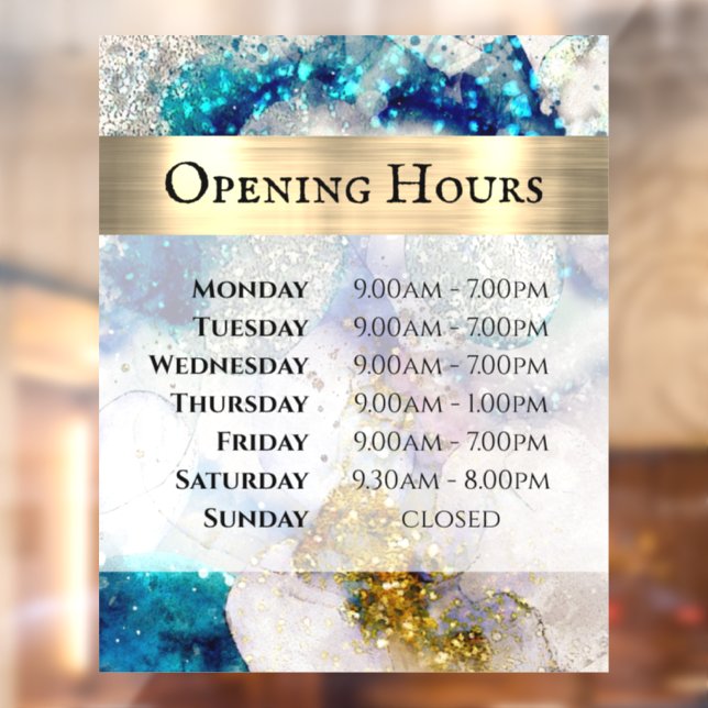 Blue Gold Silver Glitter Watercolor Opening Hours Window Cling (Sheet 2)