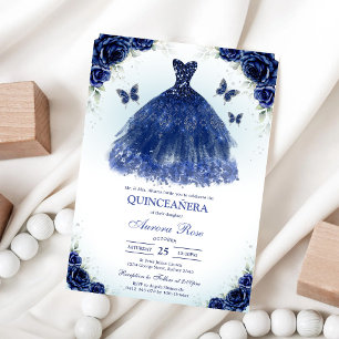 Blue Gold Silver Mis Quince Quinceañera Birthday Invitation