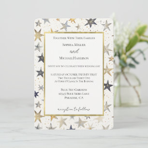 Blue Gold Silver Stars Wedding Invitation