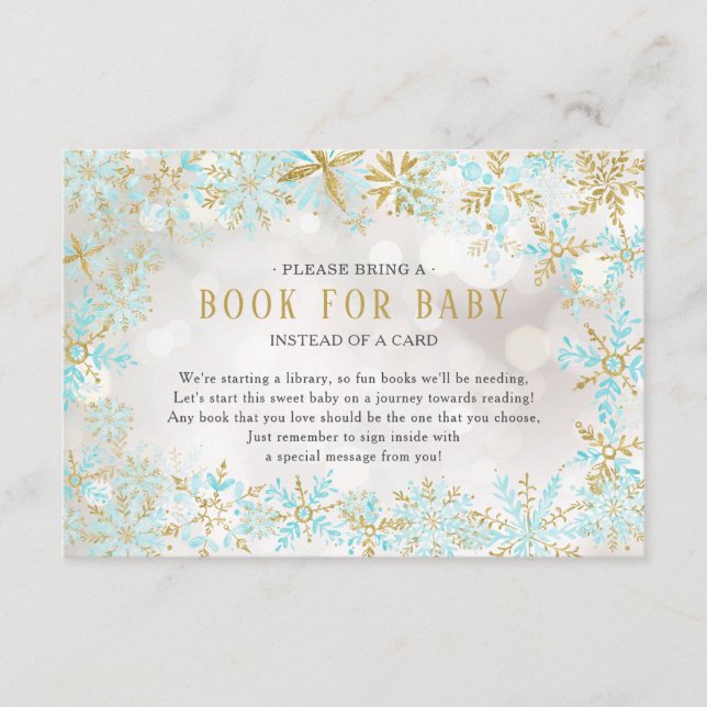 Blue Gold Snowflake Baby Shower Book for Baby Card (Front)