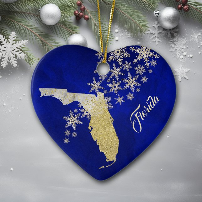 Blue Gold Snowflake Florida Heart Ceramic Ornament (Creator Uploaded)