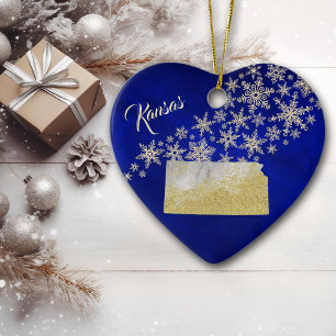 Blue Gold Snowflake Kansas Heart Ceramic Ornament