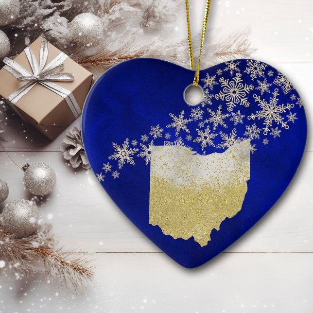 Blue Gold Snowflake Ohio Heart Ceramic Ornament (Creator Uploaded)