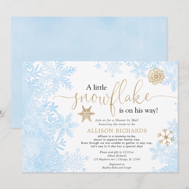 Blue gold snowflake Shower by Mail boy baby shower Invitation (Front/Back)